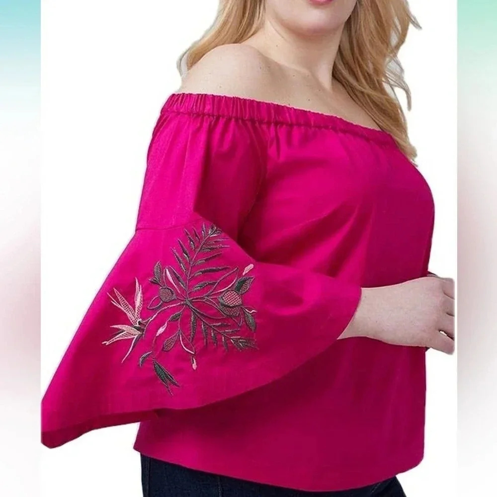 Lane Bryant Embroidered Off-the-Shoulder Blouse Top - Tropical Floral Summer - Picture 3 of 7